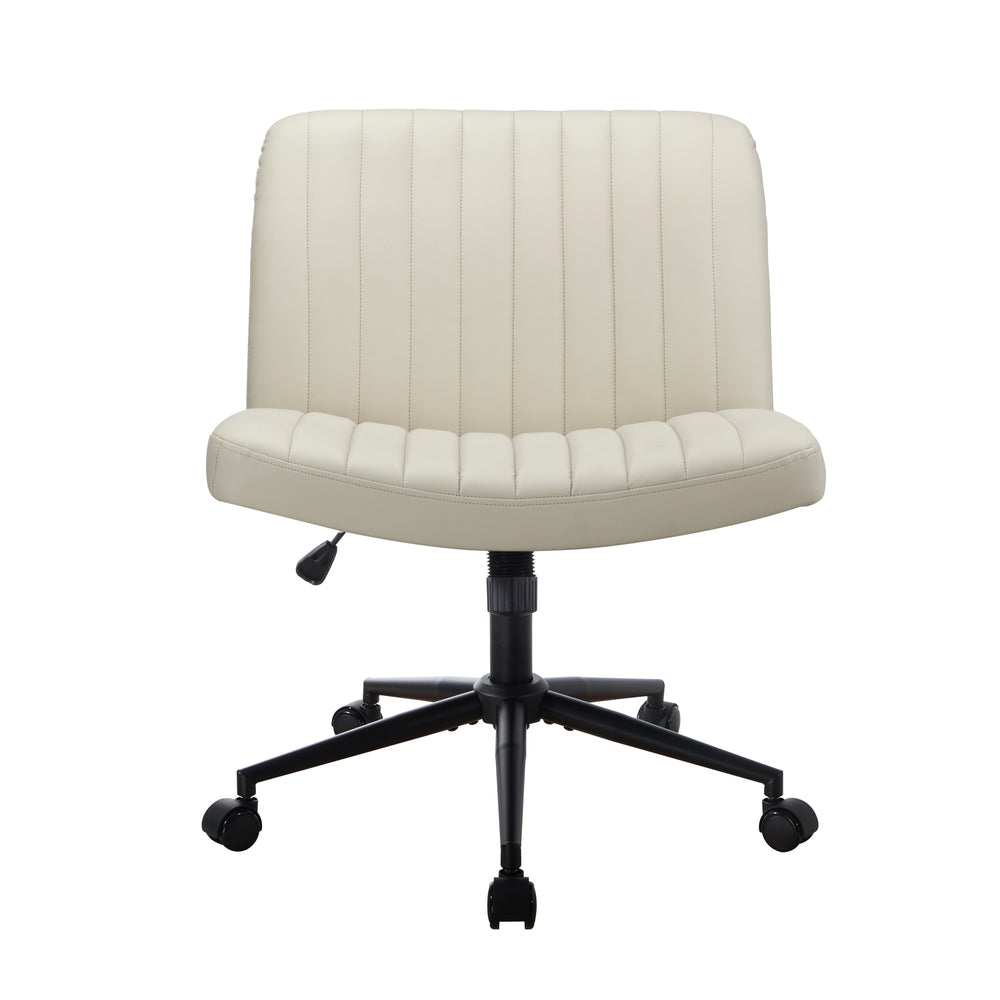 Mid Back Office Chair Wide Seat with Wheels Leather Beige