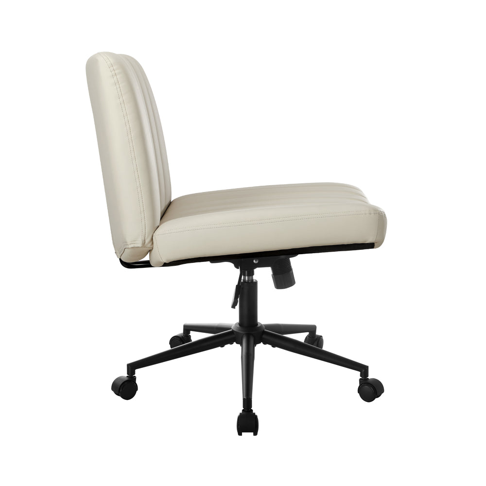 Mid Back Office Chair Wide Seat with Wheels Leather Beige