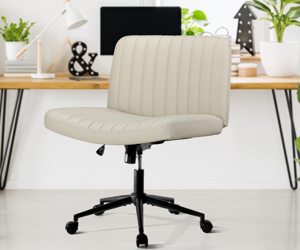 Mid Back Office Chair Wide Seat with Wheels Leather Beige