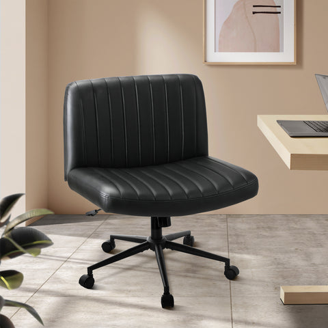 Mid Back Office Chair Wide Seat with Wheels Leather Black/Brown