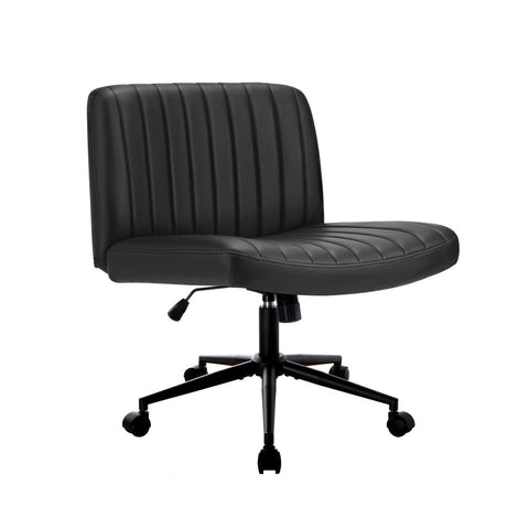 Mid Back Office Chair Wide Seat with Wheels Leather Black