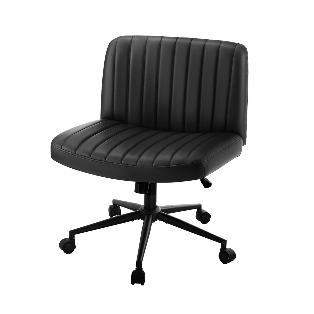 Mid Back Office Chair Wide Seat with Wheels Leather Black/Brown