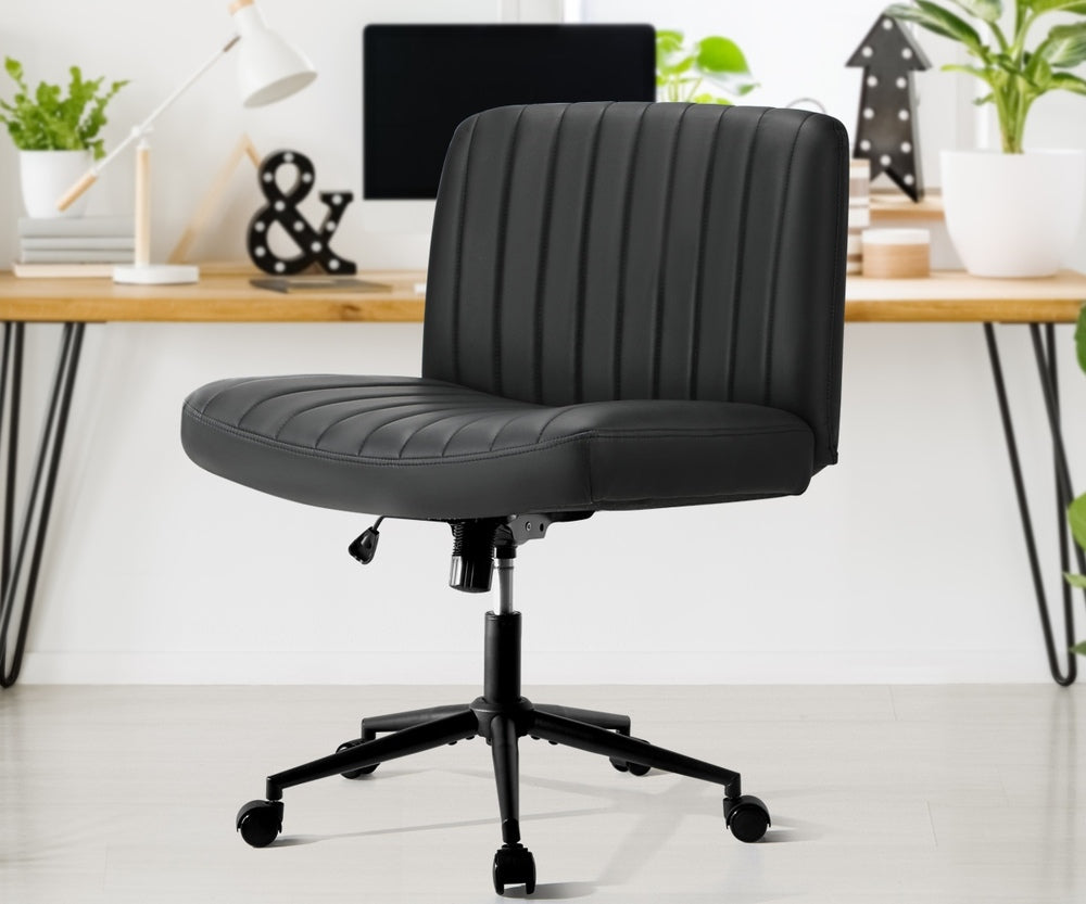 Mid Back Office Chair Wide Seat with Wheels Leather Black/Brown