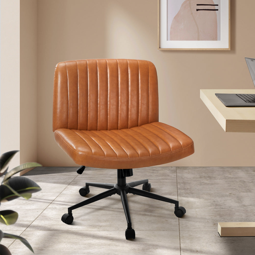 Mid Back Office Chair Wide Seat with Wheels Leather Black/Brown