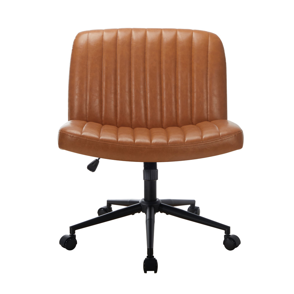 Mid Back Office Chair Wide Seat with Wheels Leather Black/Brown