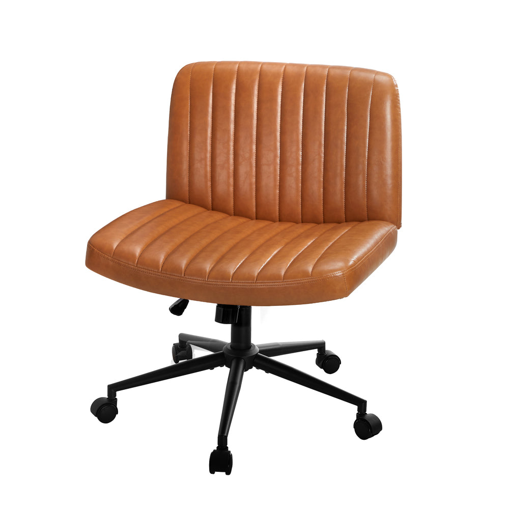 Mid Back Office Chair Wide Seat with Wheels Leather Black/Brown