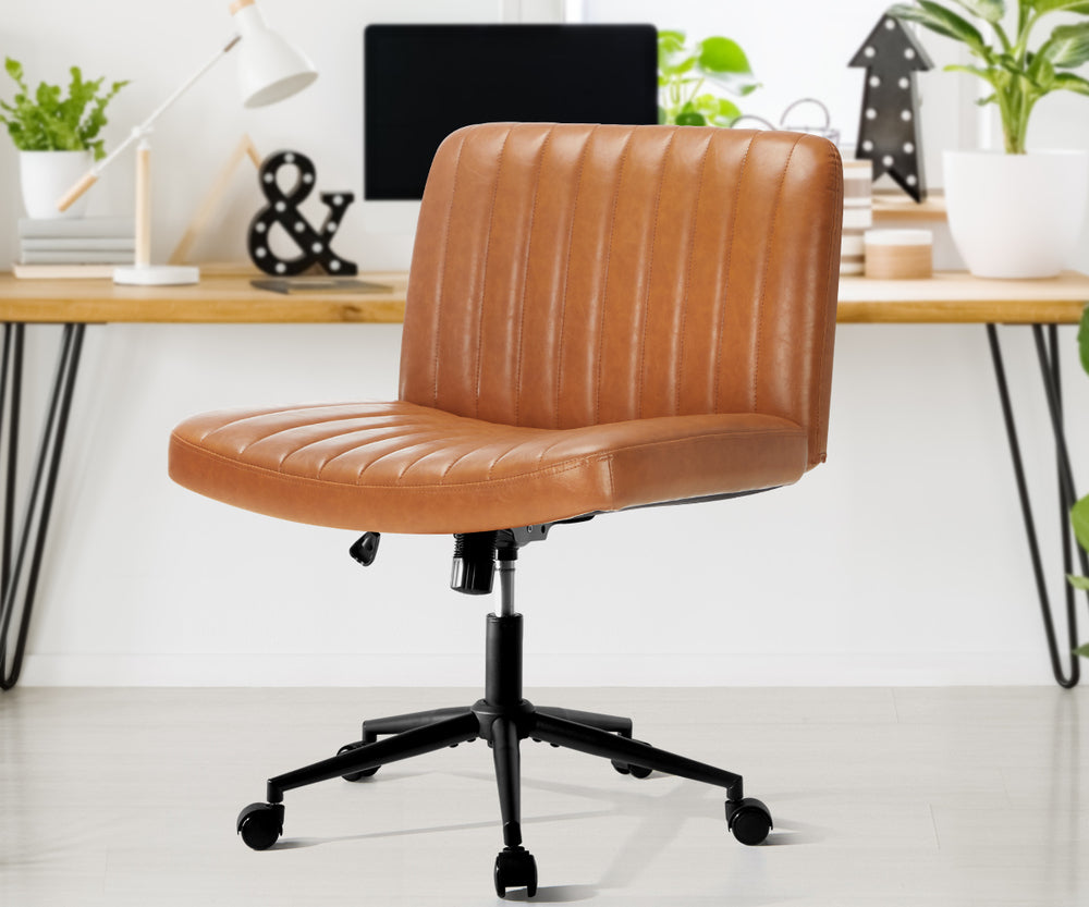 Mid Back Office Chair Wide Seat with Wheels Leather Black/Brown