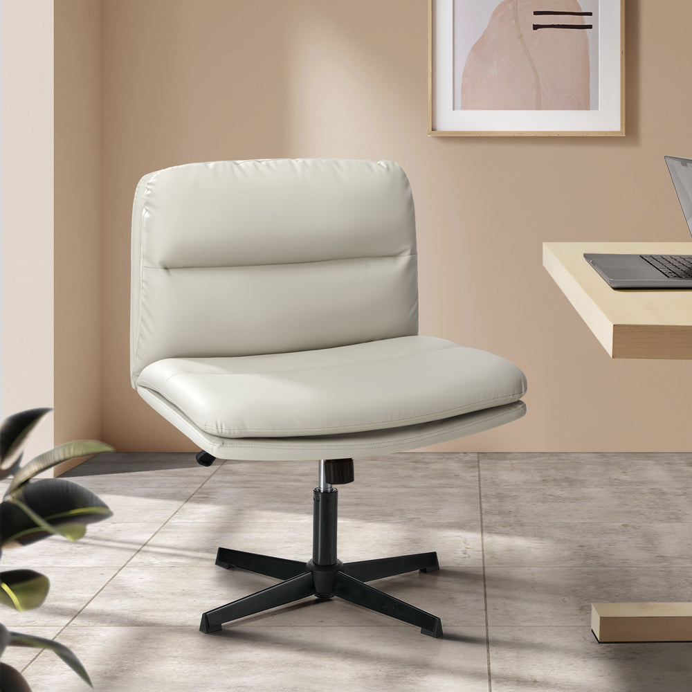 Mid Back Armless Office Chair Wide Seat Leather Beige/Black