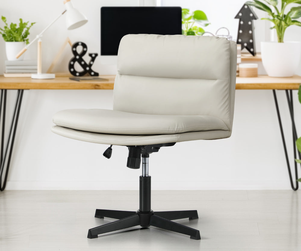 Mid Back Armless Office Chair Wide Seat Leather Beige/Black