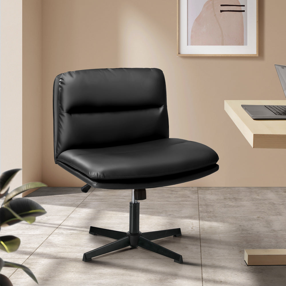 Mid Back Armless Office Chair Wide Seat Leather Beige/Black