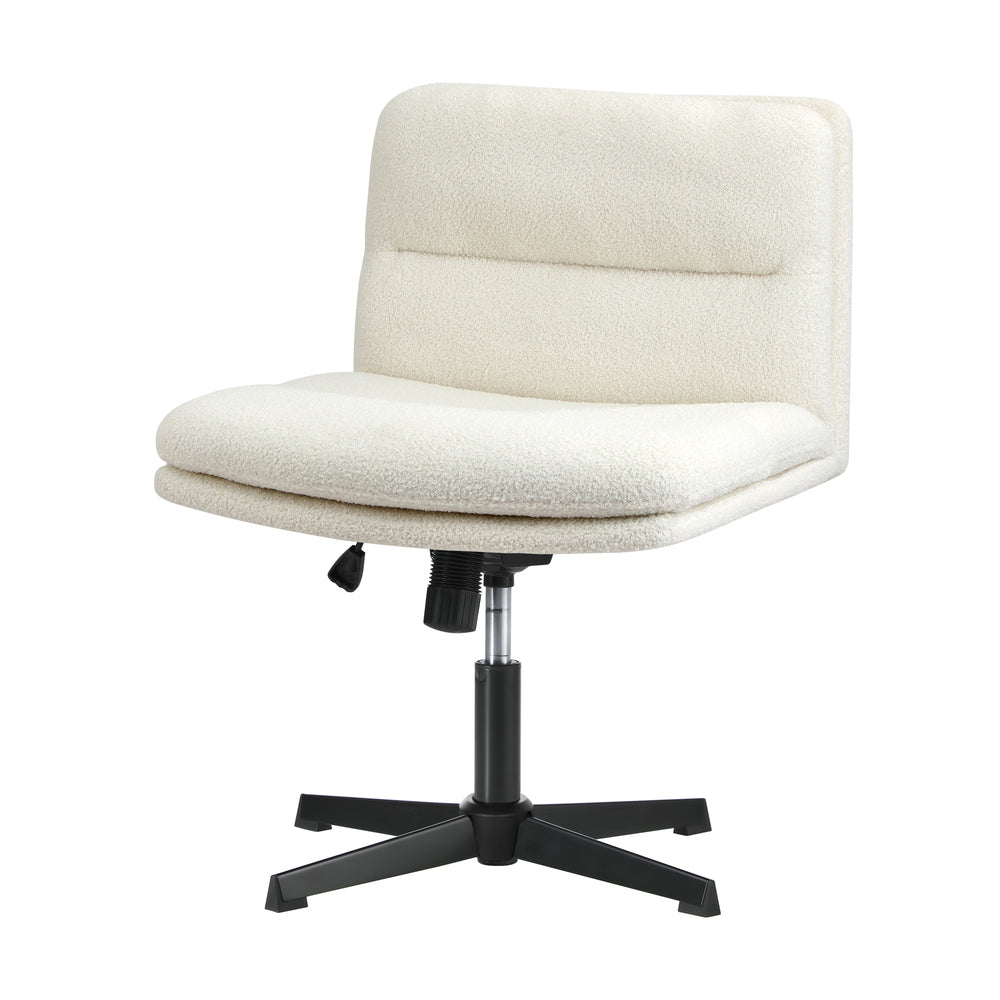 Armless Office Chair Wide Seat Boucle White with Wheels