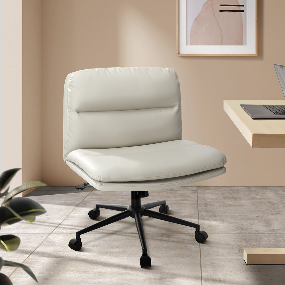 Mid Back Office Chair Wide Seat Leather Beige with Wheels