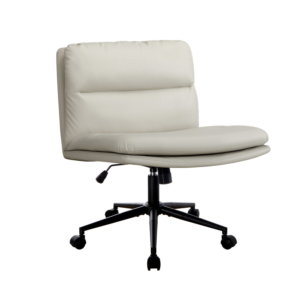 Mid Back Office Chair Wide Seat Leather Beige with Wheels