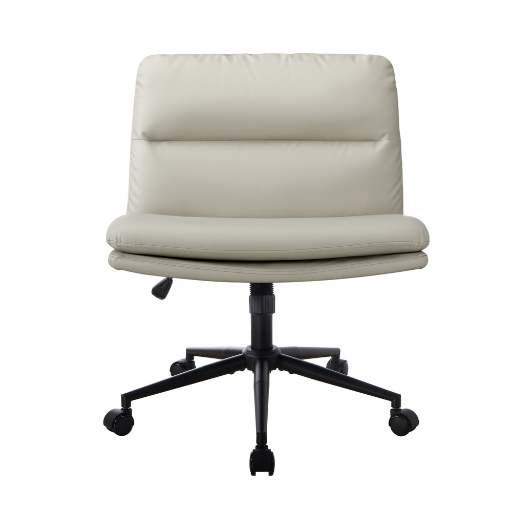 Mid Back Office Chair Wide Seat Leather Beige with Wheels