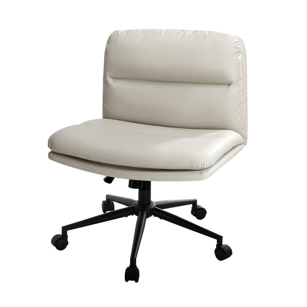 Mid Back Office Chair Wide Seat Leather Beige with Wheels