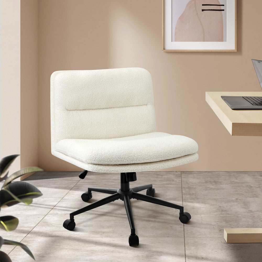 Mid Back Armless Office Chair Wide Seat Boucle White