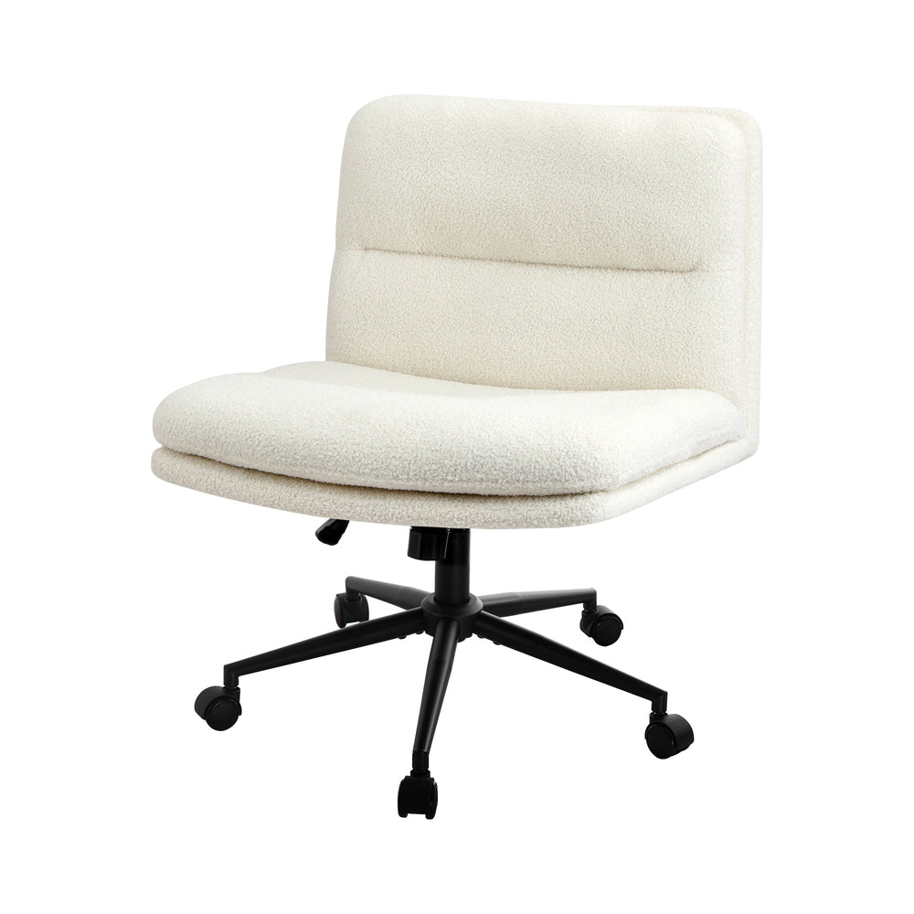 Armless Office Chair Wide Seat Boucle White with Wheels