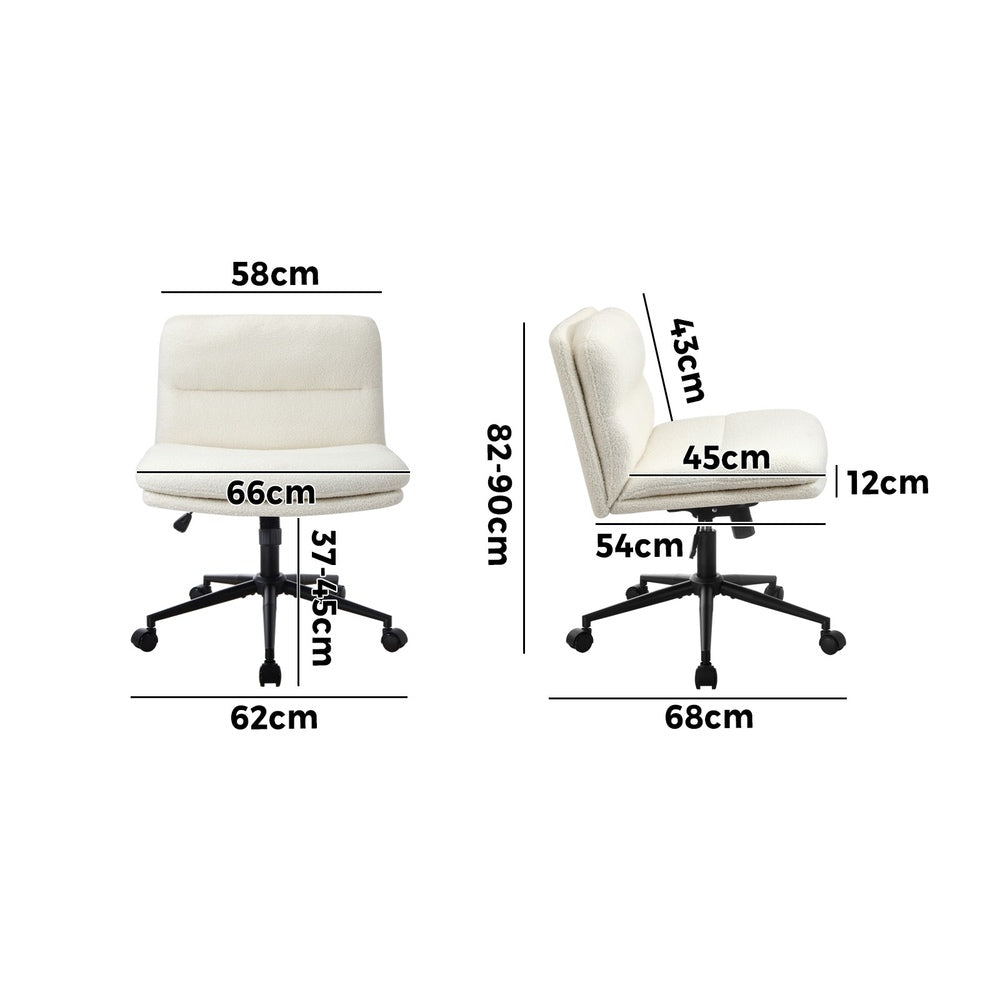 Armless Office Chair Wide Seat Boucle White with Wheels