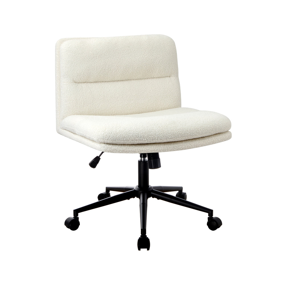 Armless Office Chair Wide Seat Boucle White with Wheels