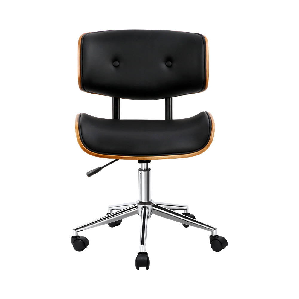 Wooden Office Chair Leather Seat Black