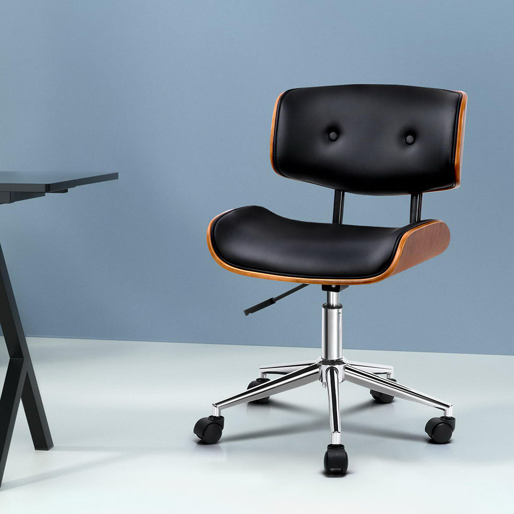 Wooden Office Chair Leather Seat Black