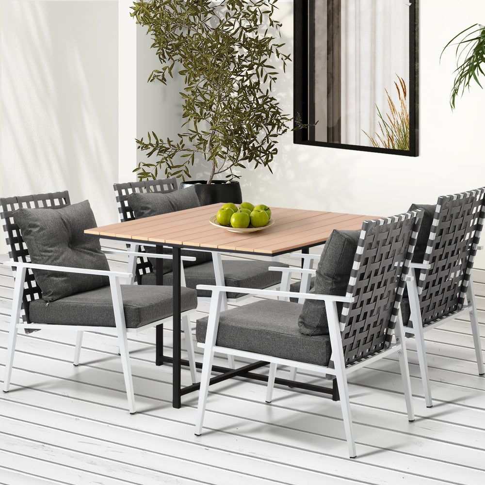 5PCS Outdoor Dining Set Wood-plastic Table and Rattan Chairs