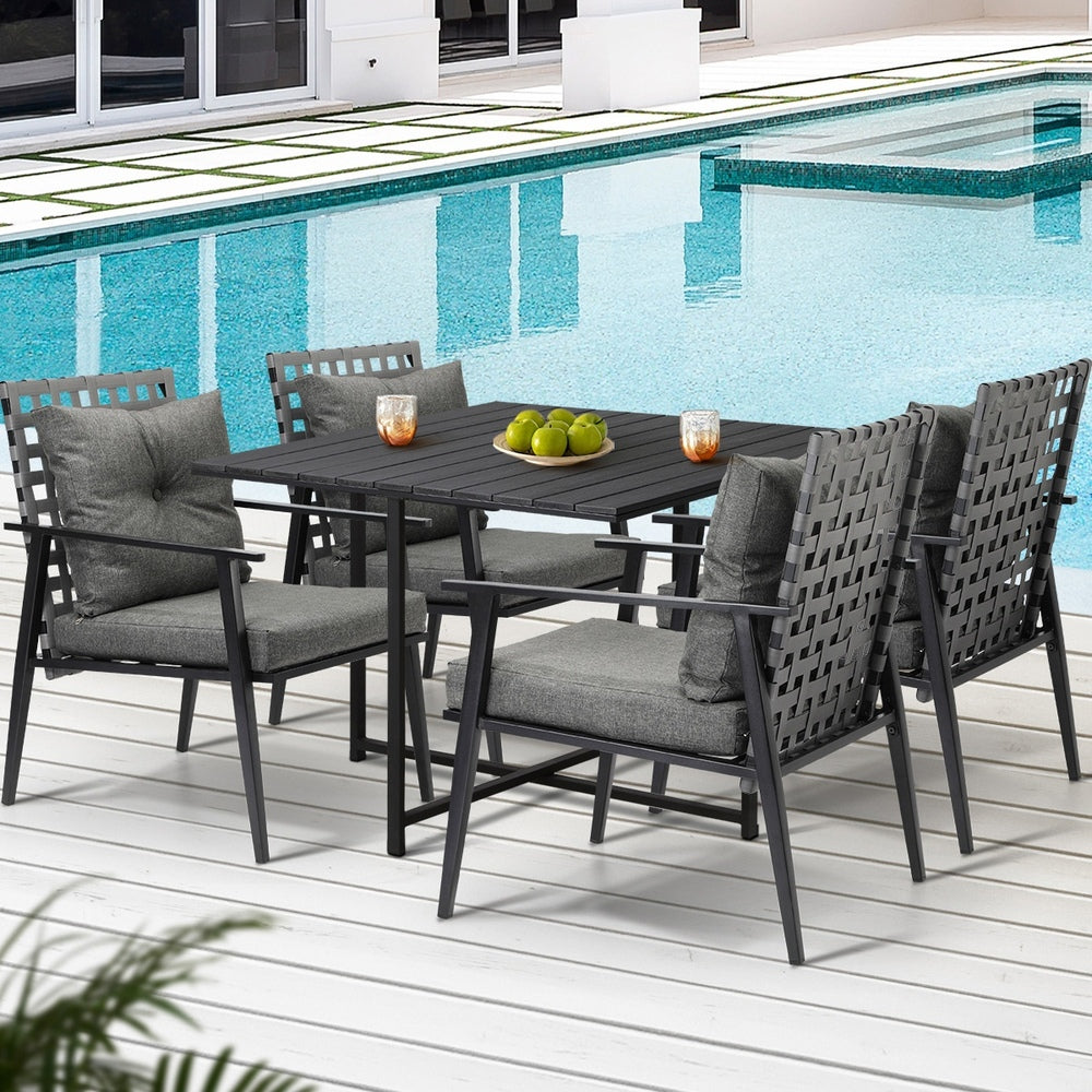 Outdoor Dining Set Balck Table Rattan White Chairs 5PC