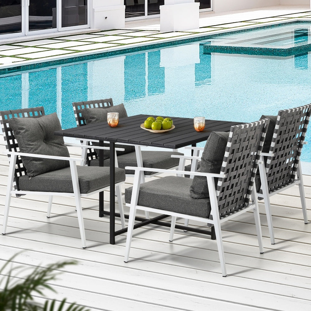 Outdoor Dining Set Balck Table Rattan White Chairs 5PC