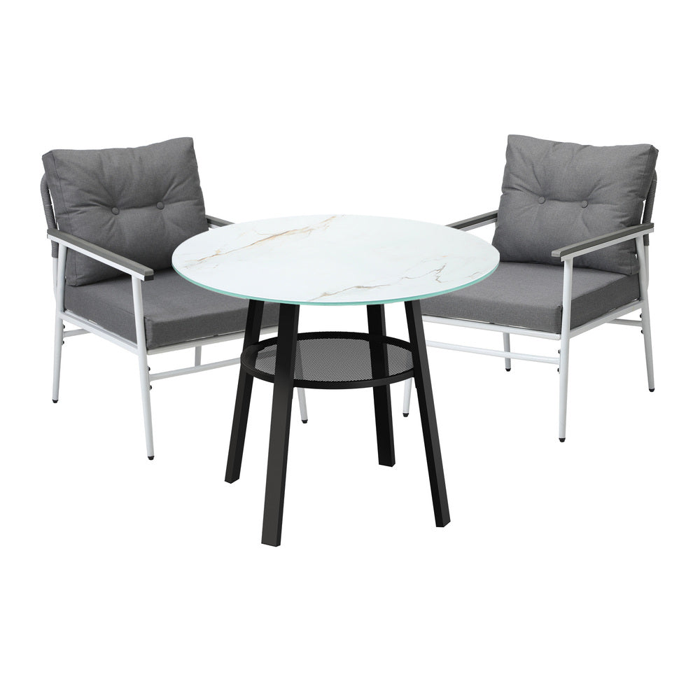 Outdoor Dining Set 2 Seater Marble Tempered Glass Table