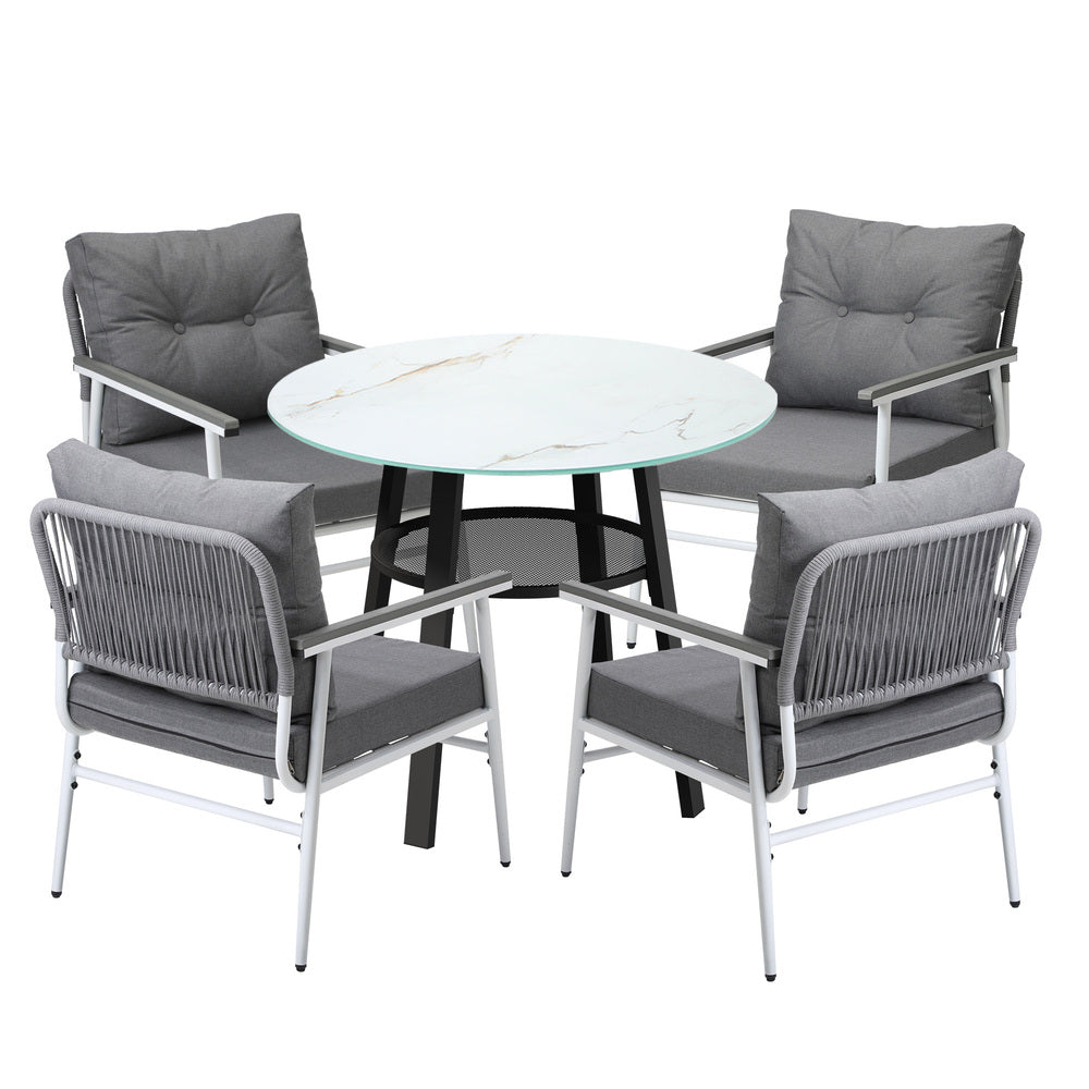 Outdoor Dining Set 4 Seater Marble Tempered Glass Table