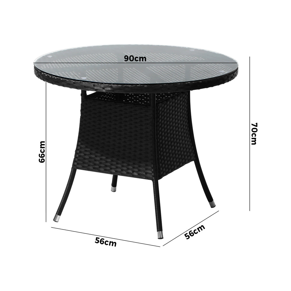 Outdoor Dining Table 90CM Round Rattan Glass Table Patio Furniture Black