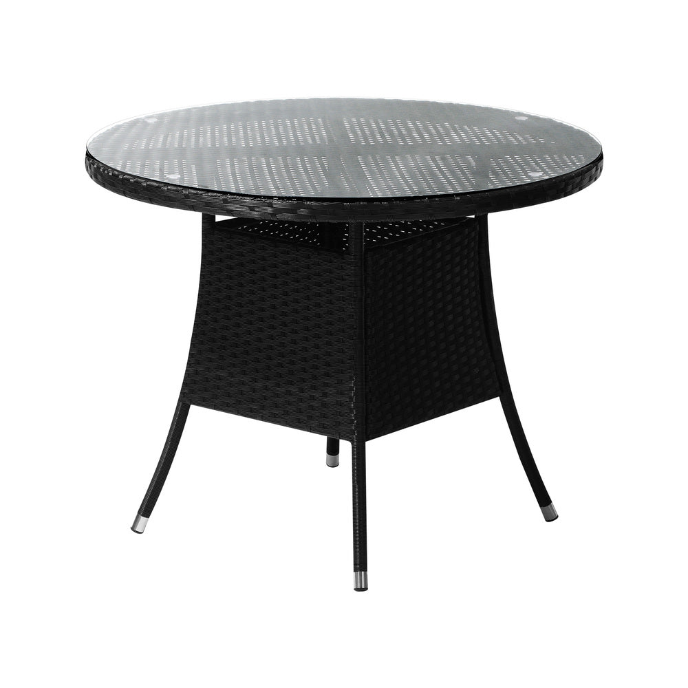 Outdoor Dining Table 90CM Round Rattan Glass Table Patio Furniture Black