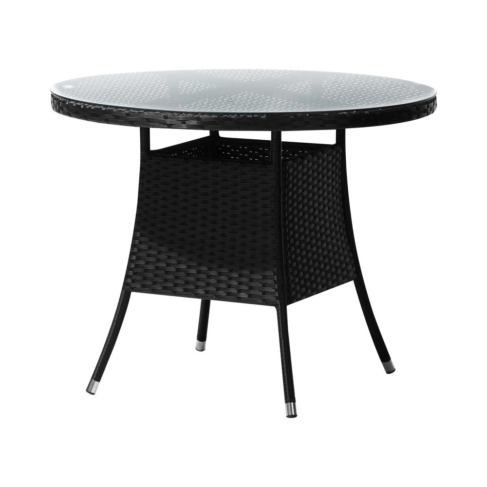 Outdoor Dining Table 90CM Round Rattan Glass Table Patio Furniture Black