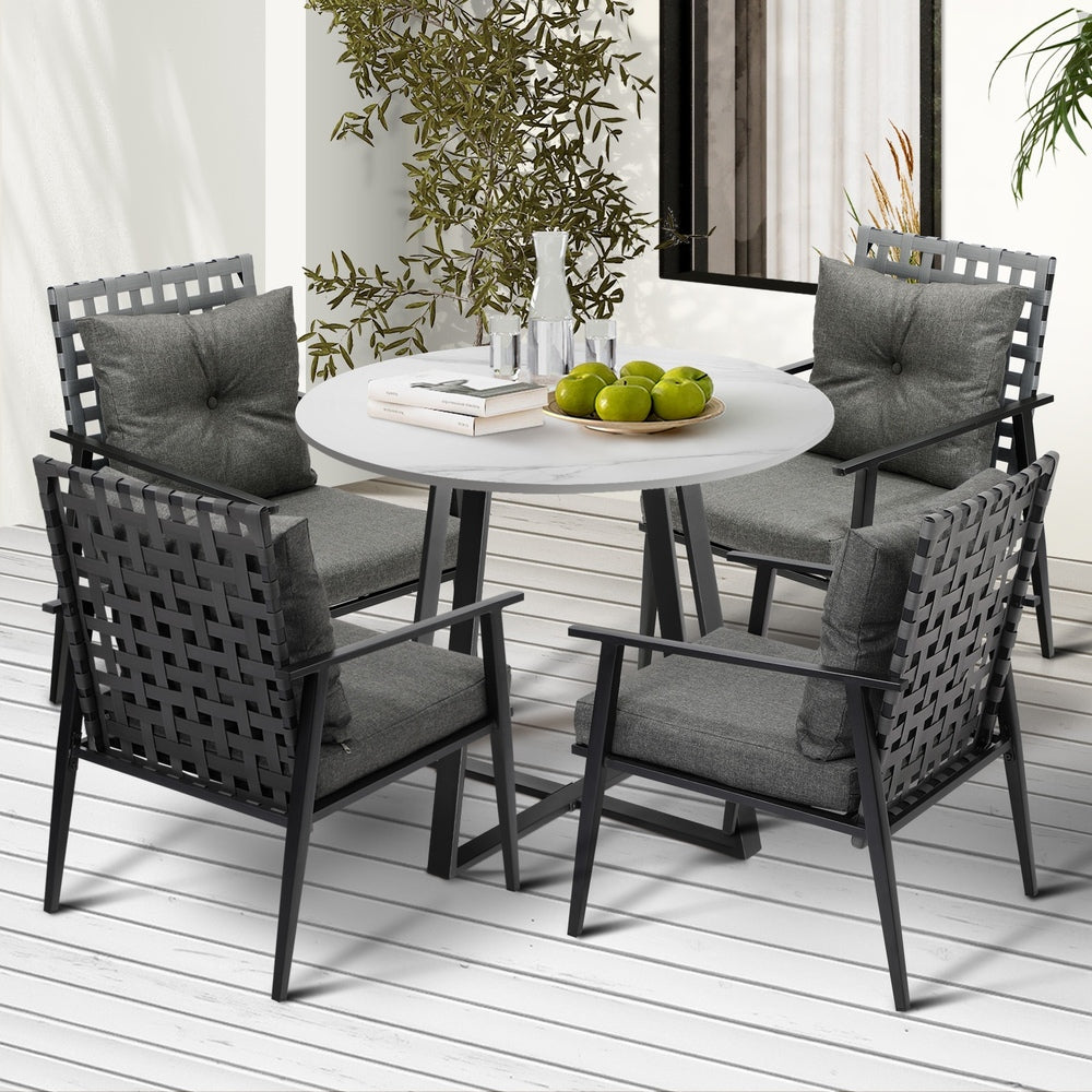 Outdoor Dining Set 4 Seater Marble Table Rattan Armchair