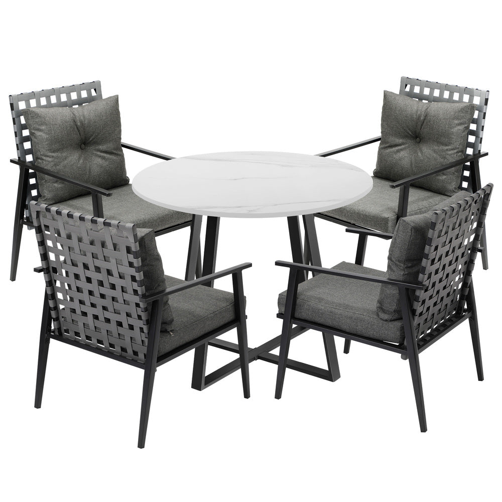 Outdoor Dining Set 4 Seater Marble Table Rattan Armchair