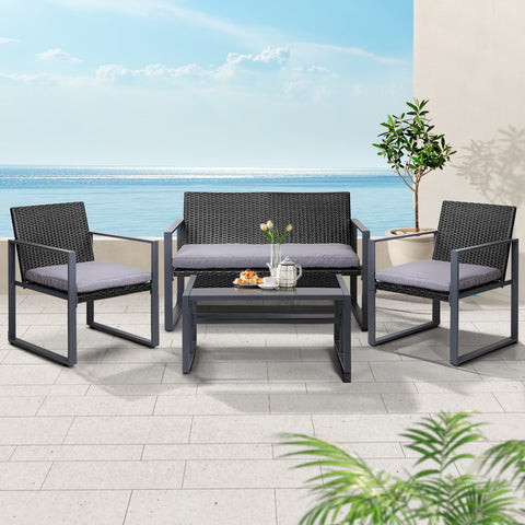 4 Pcs Outdoor Sofa Set Rattan Furniture Glass Top Table Chairs Black