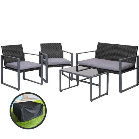 4 Pcs Outdoor Sofa Set Rattan Furniture With Storage Cover Chairs Black