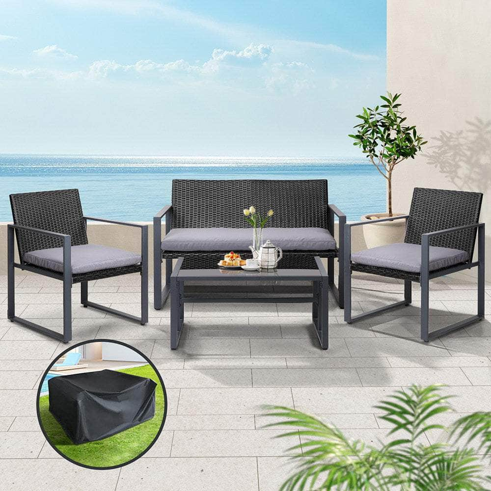 4 Pcs Outdoor Sofa Set Rattan Furniture With Storage Cover Chairs Black