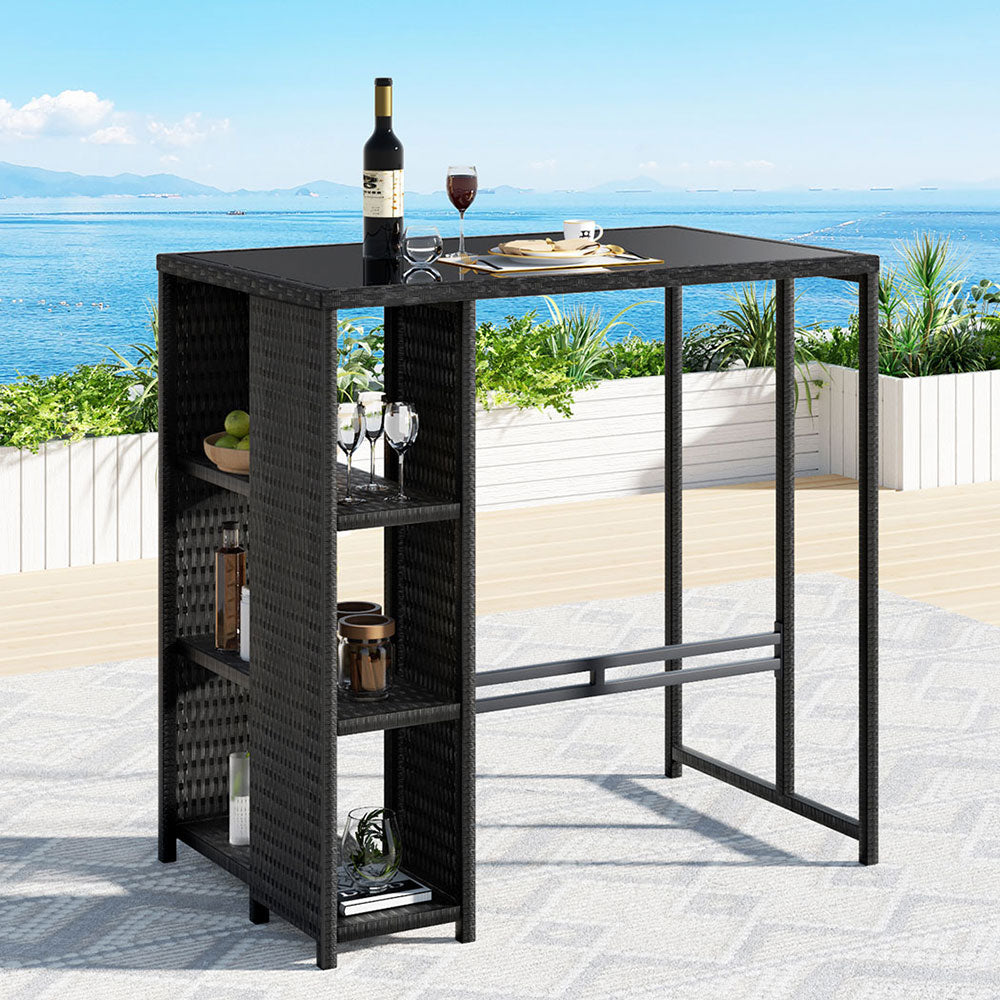 Outdoor Bar Table Wicker Bistro - Glass Patio Furniture Black