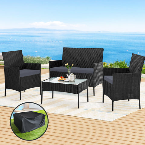 4 Seater Outdoor Sofa Set With Storage Cover Wicker Table Chair Black