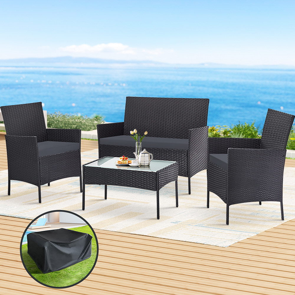 4 Seater Outdoor Sofa Set With Storage Cover Wicker Table Chair Darkgrey