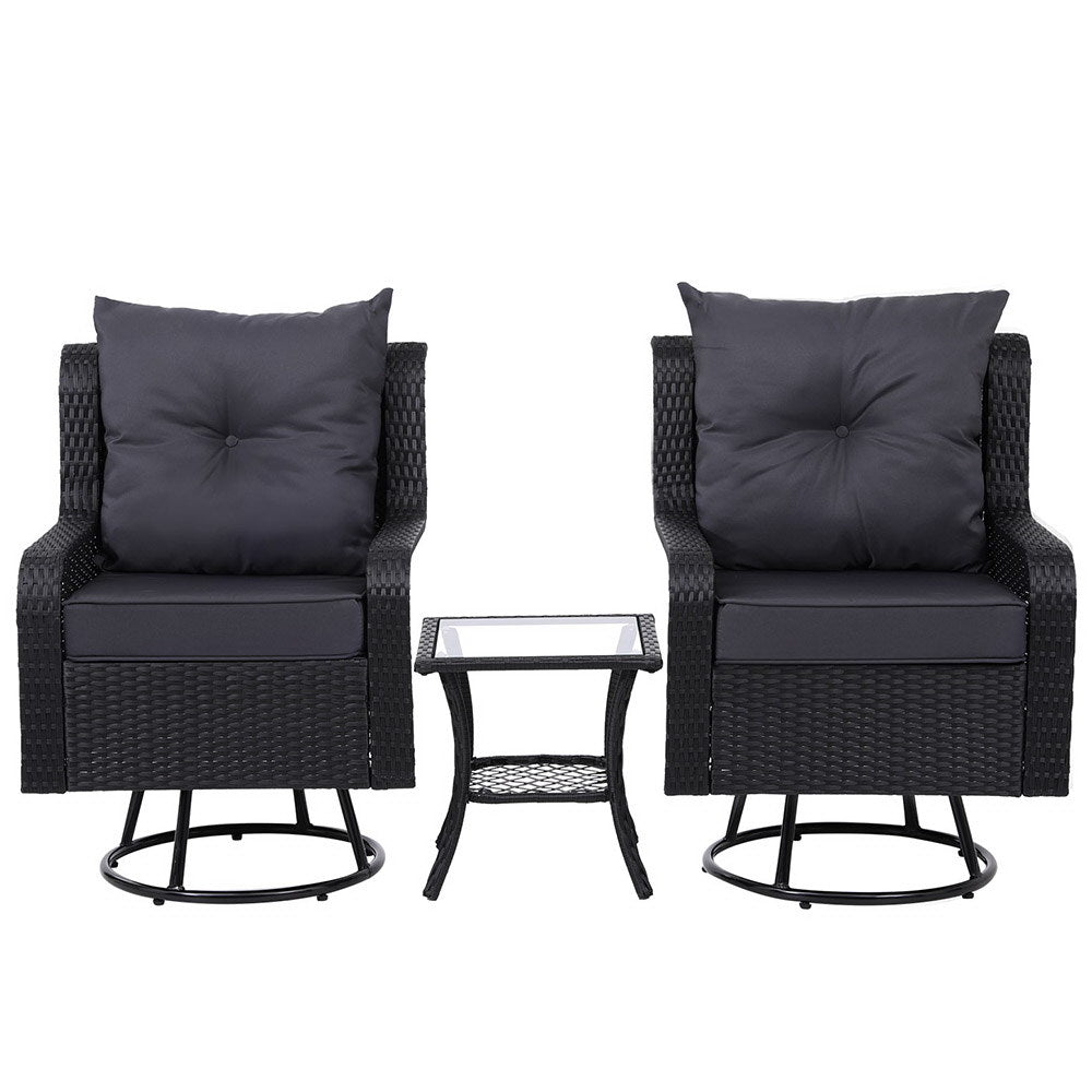 Gardeon 3PC Outdoor Furniture Bistro Set Lounge Wicker Swivel Chairs Table Cushion Black