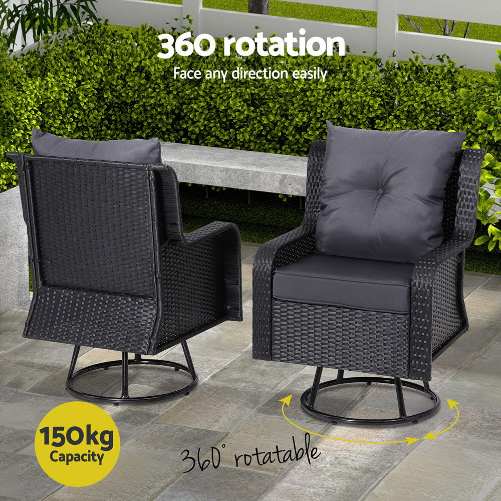 Gardeon 3PC Outdoor Furniture Bistro Set Lounge Wicker Swivel Chairs Table Cushion Black