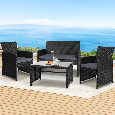 4 Pcs Outdoor Sofa Set Rattan Chair Table Setting Garden Furniture Black