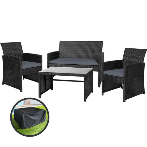 4 Pcs Outdoor Sofa Set With Storage Cover Rattan Chair Furniture Black