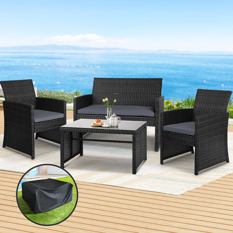 4 Pcs Outdoor Sofa Set With Storage Cover Rattan Chair Furniture Black