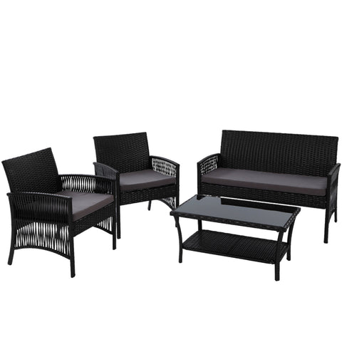 4Pcs Outdoor Sofa Set Wicker Harp Chair Table Garden Furniture Black