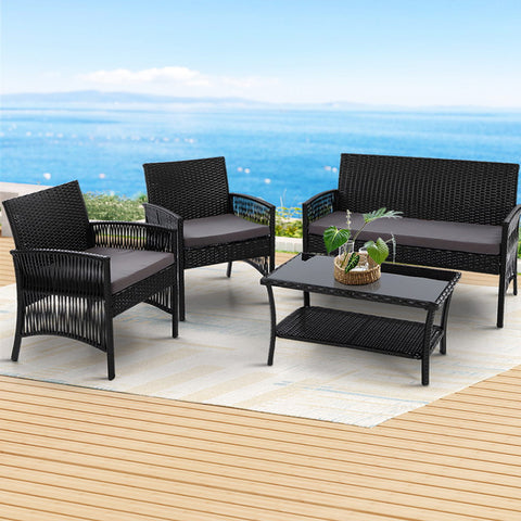 4Pcs Outdoor Sofa Set Wicker Harp Chair Table Garden Furniture Black