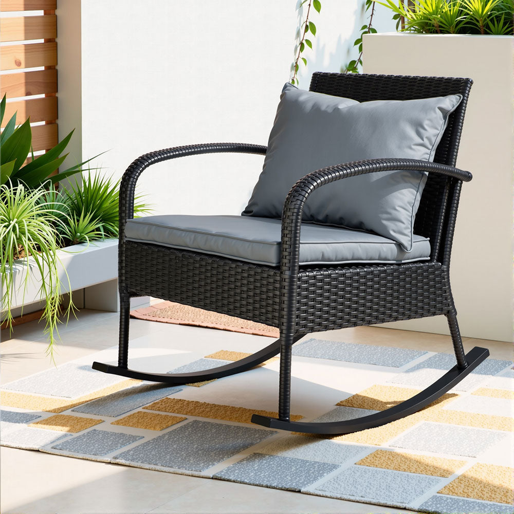 Outdoor Furniture Rocking Chair Wicker Garden Patio Lounge Setting Black