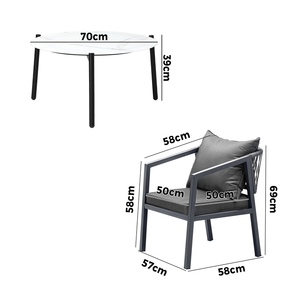 Outdoor Patio Set White/Grey 70cm Coffee Table and Chairs